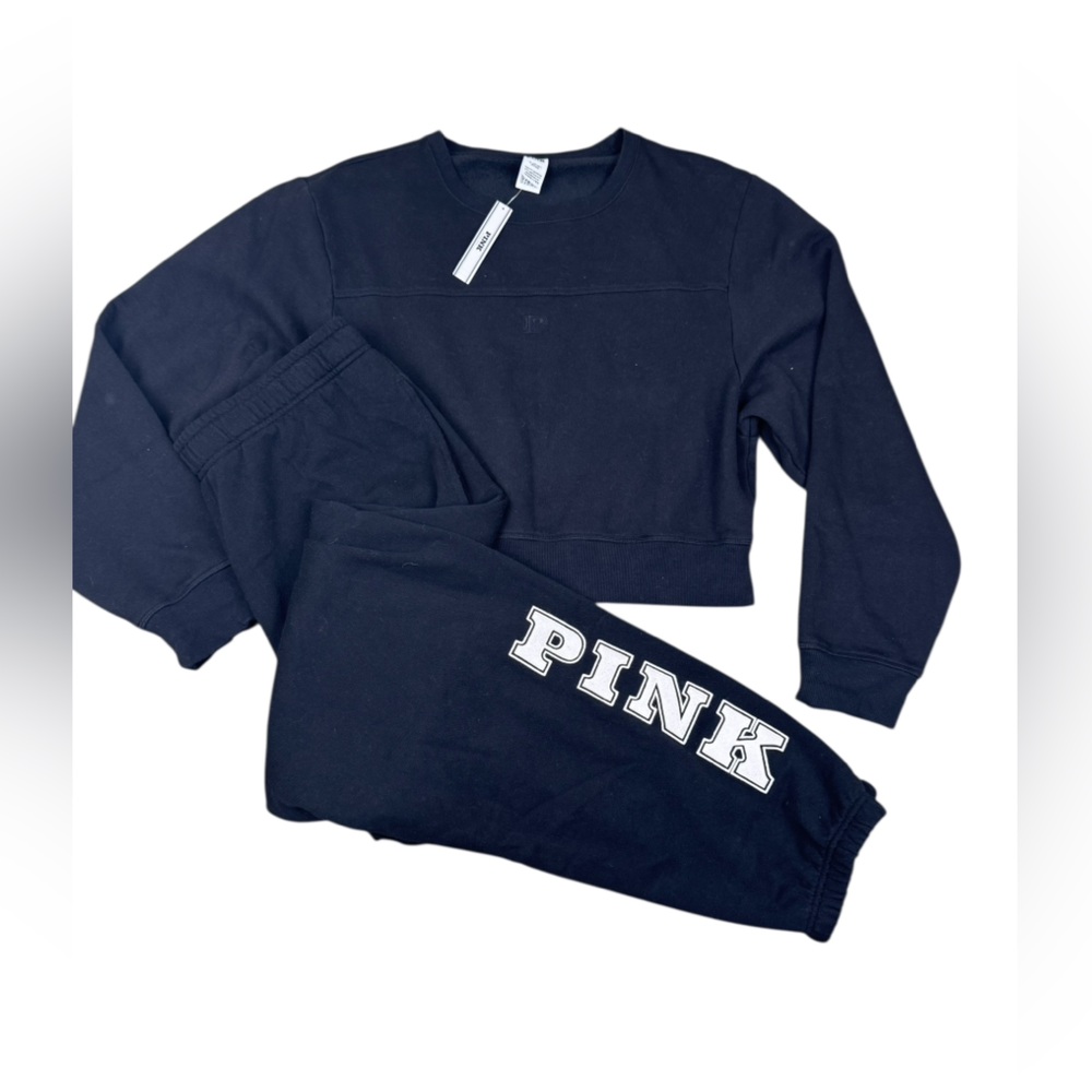 NWT PINK Victoria's Secret Ivy Fleece Campus Black Relaxed Sweatpant Sweatshirt